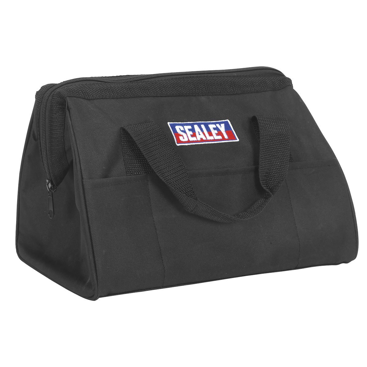 A black Sealey branded Canvas Tool Storage Bag - CP1200CB, featuring heavy-duty construction, a zippered top, two handles, and an exterior pocket. Ideal for organizing your Sealey SV12 and CP6000 Series tools.