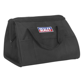 A black Sealey branded Canvas Tool Storage Bag - CP1200CB, featuring heavy-duty construction, a zippered top, two handles, and an exterior pocket. Ideal for organizing your Sealey SV12 and CP6000 Series tools.