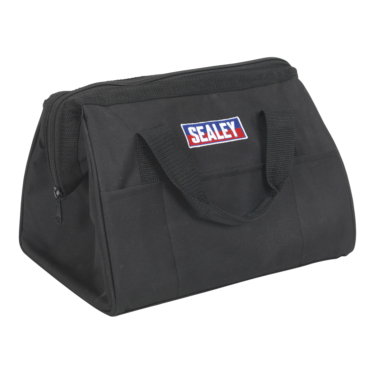 The Sealey Canvas Tool Storage Bag - CP1200CB is a black, rectangular tool bag made from heavy-duty canvas. It features a zippered top, carrying handles, and a side logo patch. This versatile storage solution is perfect for the Sealey SV12 and CP6000 Series tools.