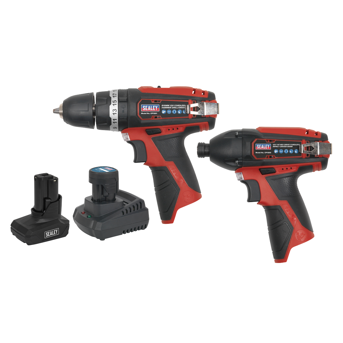 Two Sealey SV12 Series cordless hammer drills with red and black handles, accompanied by two rechargeable lithium-ion batteries and a charger, all included in the 2 x 12V CP1200COMBO6 Cordless Power Tool Combo Kit.