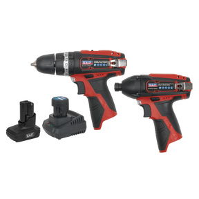 Two Sealey SV12 Series cordless hammer drills with red and black handles, accompanied by two rechargeable lithium-ion batteries and a charger, all included in the 2 x 12V CP1200COMBO6 Cordless Power Tool Combo Kit.