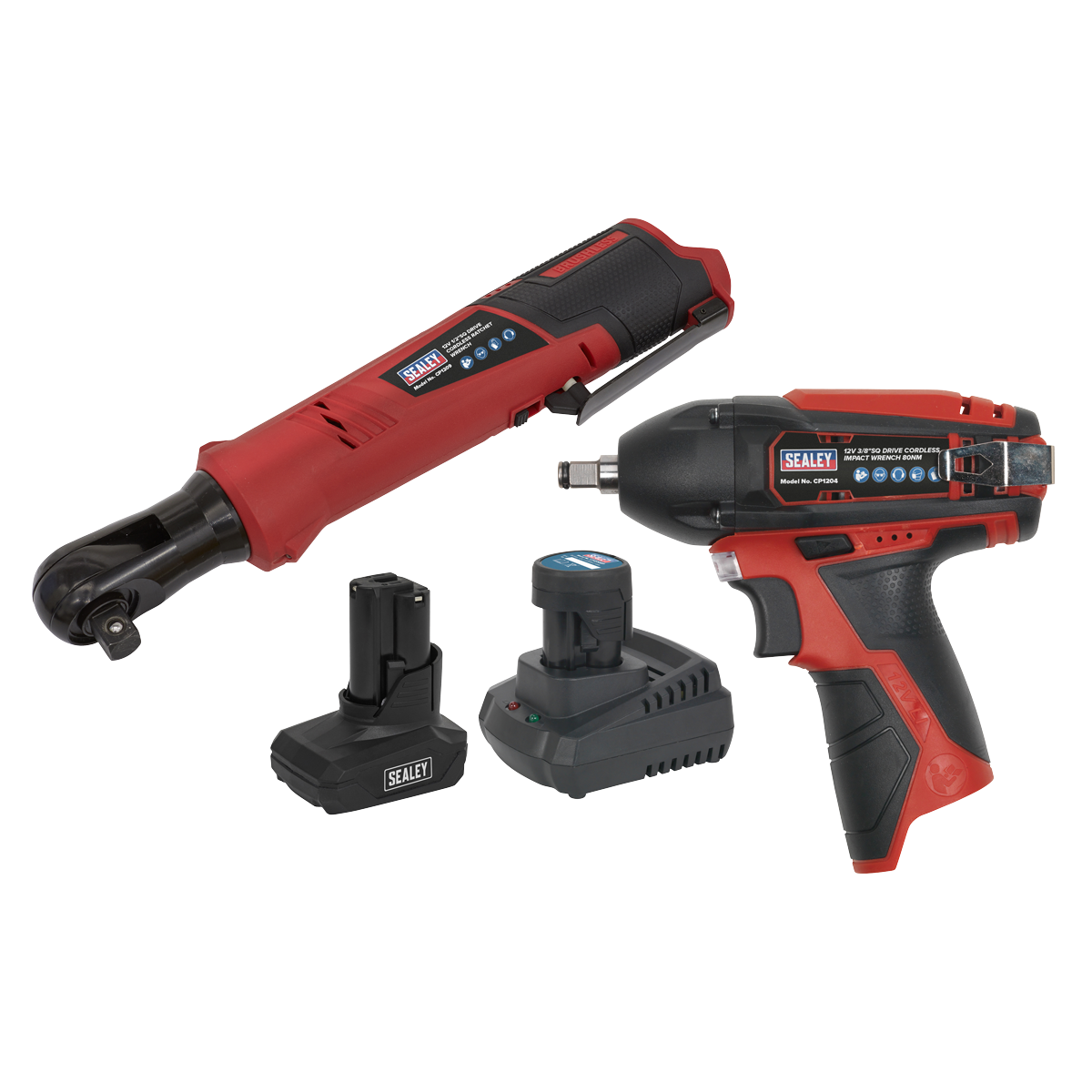 Sealey's 2 x 12V SV12 Series Cordless Power Tool Combo Kit - CP1200COMBO8, which includes a red and black cordless ratchet and impact wrench set along with two lithium-ion batteries and a charger.