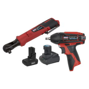 Sealey's 2 x 12V SV12 Series Cordless Power Tool Combo Kit - CP1200COMBO8, which includes a red and black cordless ratchet and impact wrench set along with two lithium-ion batteries and a charger.