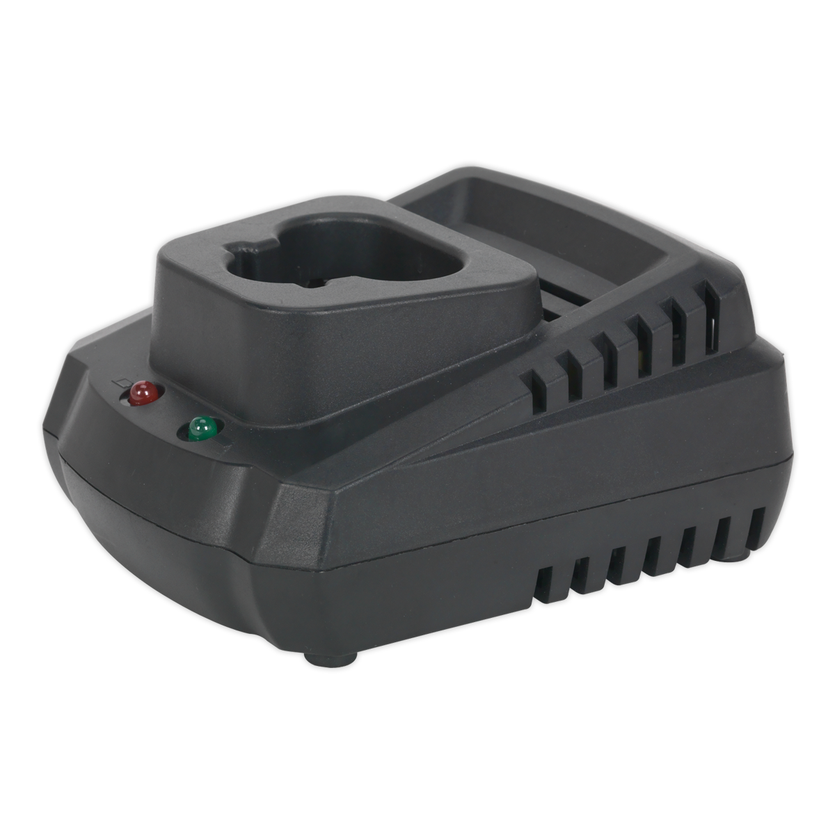 The Sealey Battery Charger for 12V SV12 Series Lithium-ion One Battery Range (CP1200MC) includes a slot for a 12V lithium-ion battery and features red and green indicator lights to display the recharging status.