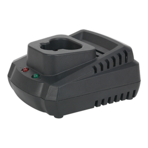 The Sealey Battery Charger for 12V SV12 Series Lithium-ion One Battery Range (CP1200MC) includes a slot for a 12V lithium-ion battery and features red and green indicator lights to display the recharging status.