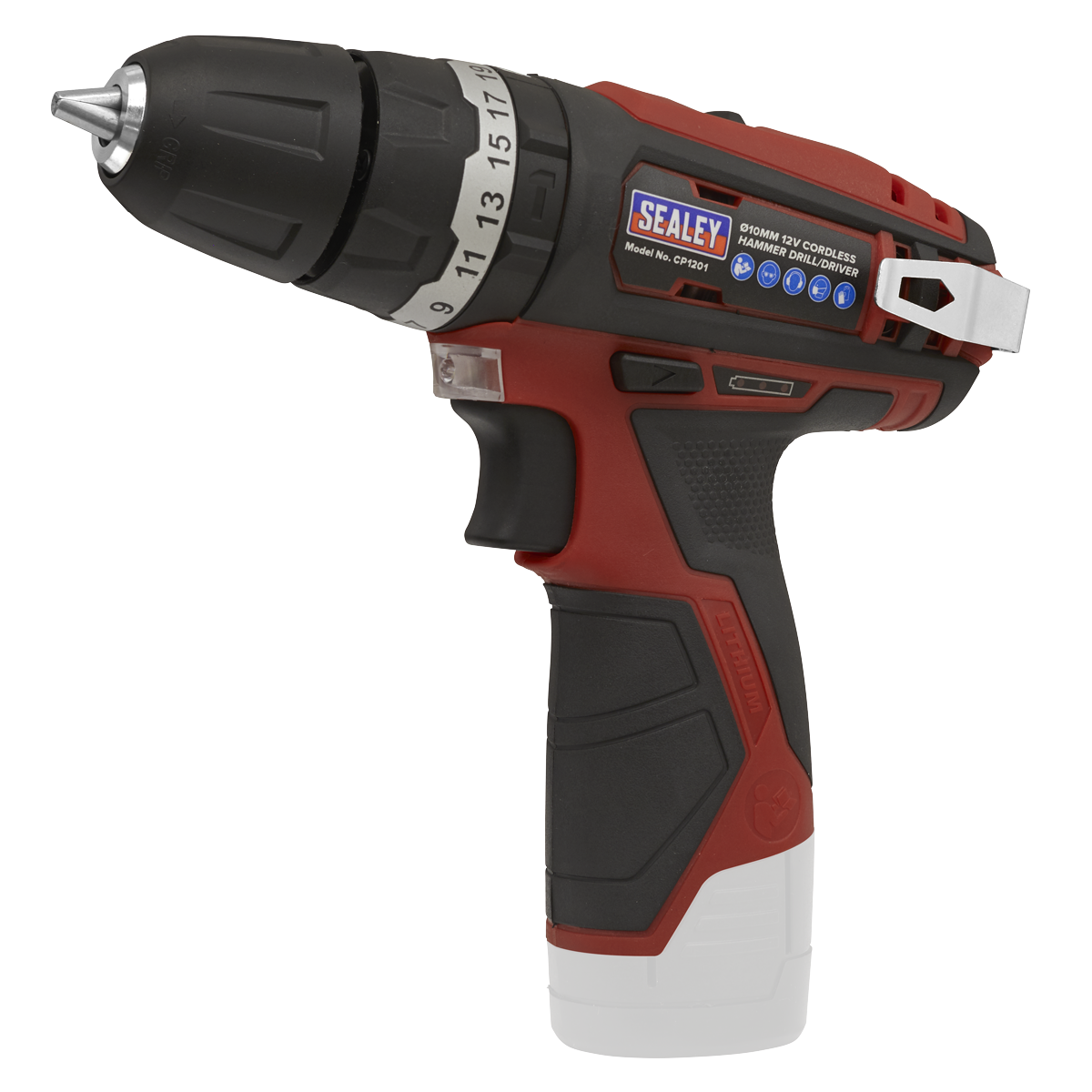 Introducing the Sealey Cordless Combi Drill Ø10mm 12V SV12 Series - Body Only - CP1201, boasting a red and black exterior, a toggle switch, 17 torque settings, and powered by a 12V Lithium-ion battery.