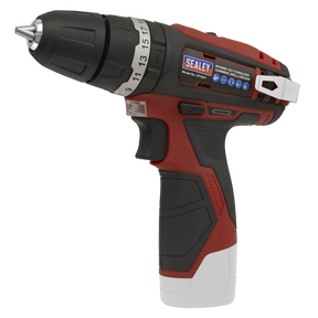 Introducing the Sealey Cordless Combi Drill Ø10mm 12V SV12 Series - Body Only - CP1201, boasting a red and black exterior, a toggle switch, 17 torque settings, and powered by a 12V Lithium-ion battery.