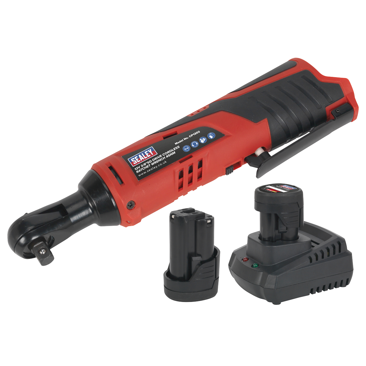 A red and black Sealey Ratchet Wrench Kit 3/8"Sq Drive 12V from the SV12 Series, model number CP1202KIT, comes with two lithium-ion batteries and a charging station.