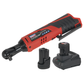A red and black Sealey Ratchet Wrench Kit 3/8"Sq Drive 12V from the SV12 Series, model number CP1202KIT, comes with two lithium-ion batteries and a charging station.