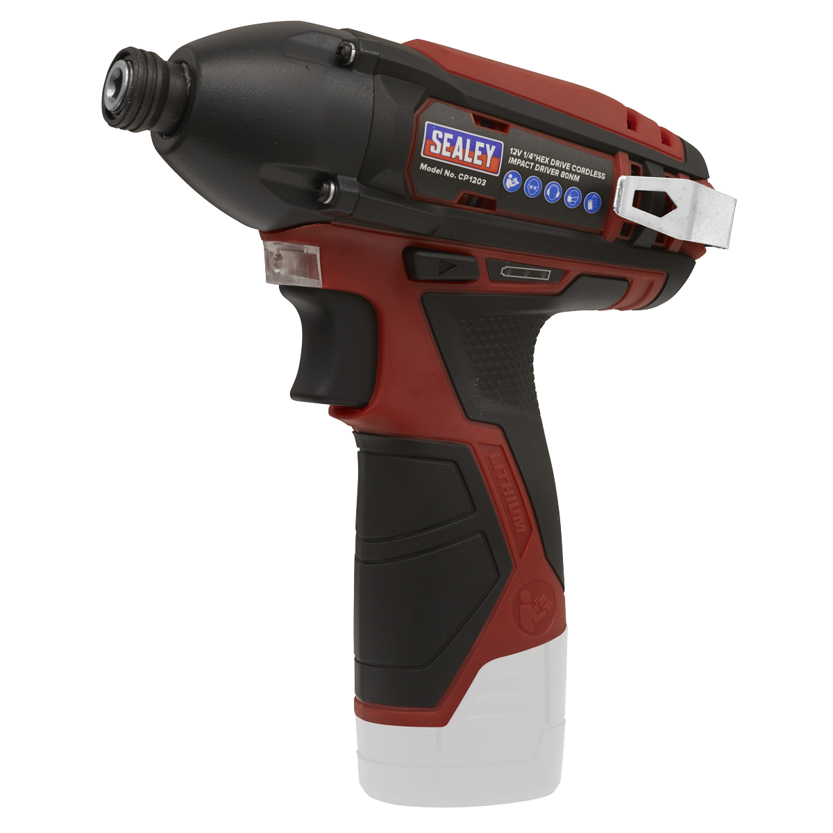 A Sealey CP1203 cordless impact driver from the SV12 Series, featuring a 1/4" hex drive and operating at 12V. This tool boasts a compact design, ergonomic grip, belt clip, variable speed control, LED work light, and distinctive branding details on the side. Available in red and black.