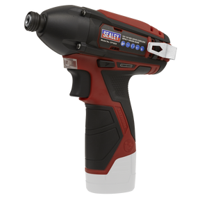 A Sealey CP1203 cordless impact driver from the SV12 Series, featuring a 1/4" hex drive and operating at 12V. This tool boasts a compact design, ergonomic grip, belt clip, variable speed control, LED work light, and distinctive branding details on the side. Available in red and black.