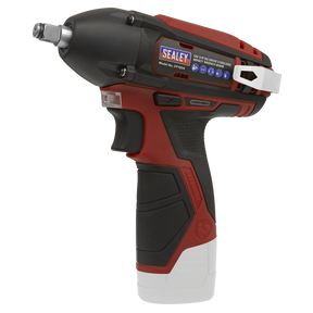 The Sealey Cordless Impact Wrench, Model No. CP1204, features a 3/8" drive and is part of the 12V SV12 Series. With an all-metal gear construction, a sleek red and black design, it includes a belt clip, variable speed control, and multiple buttons for precise handling.