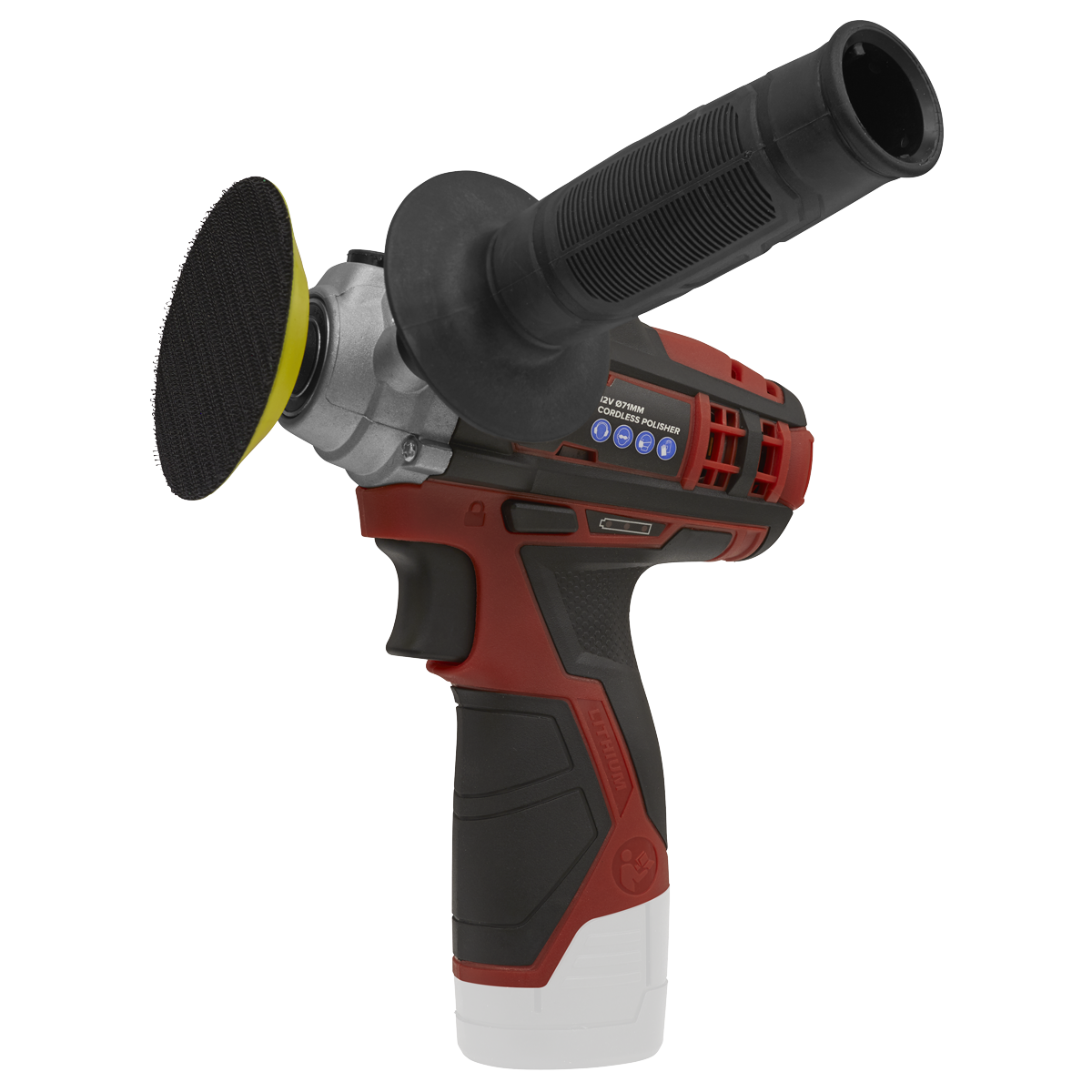 The Sealey Cordless Polisher Ø71mm 12V SV12 Series - Body Only - CP1205 is a red and black handheld electric power tool featuring a rounded handle, an attached circular sanding pad, and variable speed control.