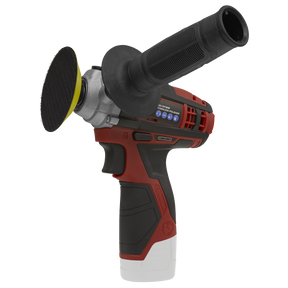 The Sealey Cordless Polisher Ø71mm 12V SV12 Series - Body Only - CP1205 is a red and black handheld electric power tool featuring a rounded handle, an attached circular sanding pad, and variable speed control.