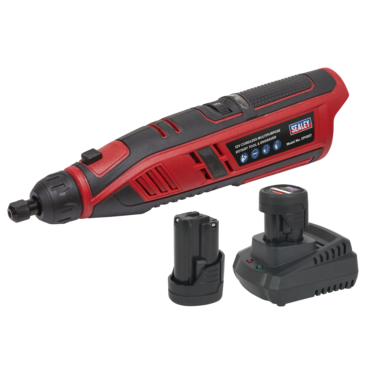 Sealey's red and black Cordless Rotary Tool & Engraver Kit 49pc 12V SV12 Series - CP1207KIT, complete with two batteries and a charging dock, displayed on a white background.