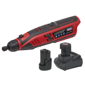 Sealey's red and black Cordless Rotary Tool & Engraver Kit 49pc 12V SV12 Series - CP1207KIT, complete with two batteries and a charging dock, displayed on a white background.