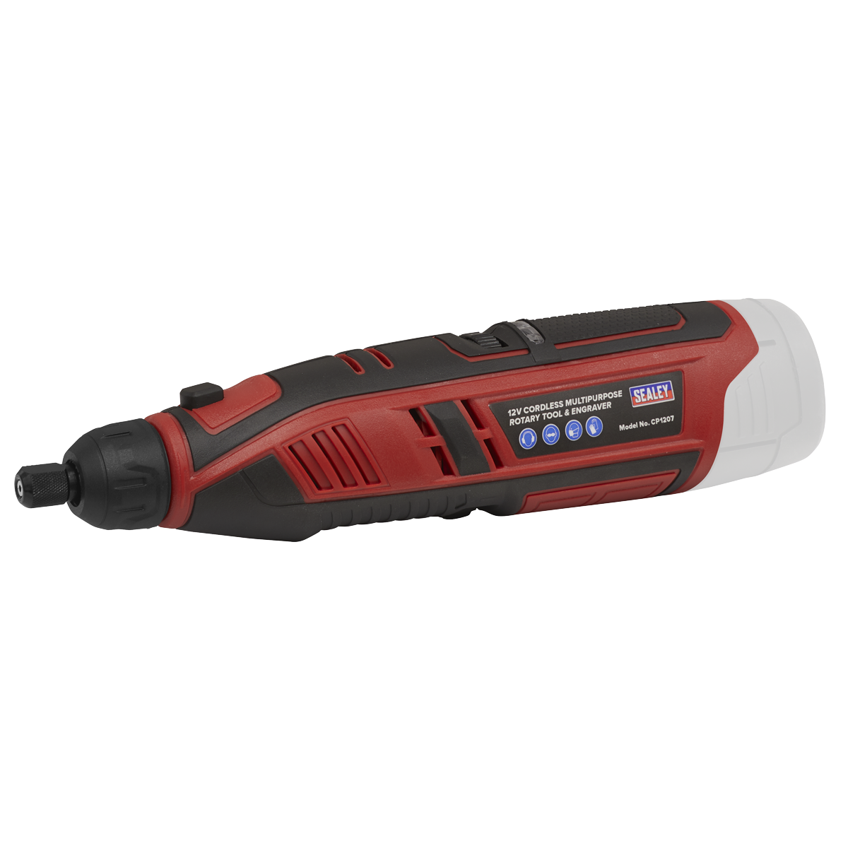 The Sealey Cordless Multipurpose Rotary Tool & Engraver Kit 49pc 12V SV12 Series - Body Only (model CP1207) features a red and black design with a white grip. This versatile tool is powered by an efficient 12V Lithium-ion battery.