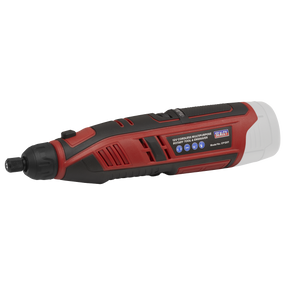 The Sealey Cordless Multipurpose Rotary Tool & Engraver Kit 49pc 12V SV12 Series - Body Only (model CP1207) features a red and black design with a white grip. This versatile tool is powered by an efficient 12V Lithium-ion battery.