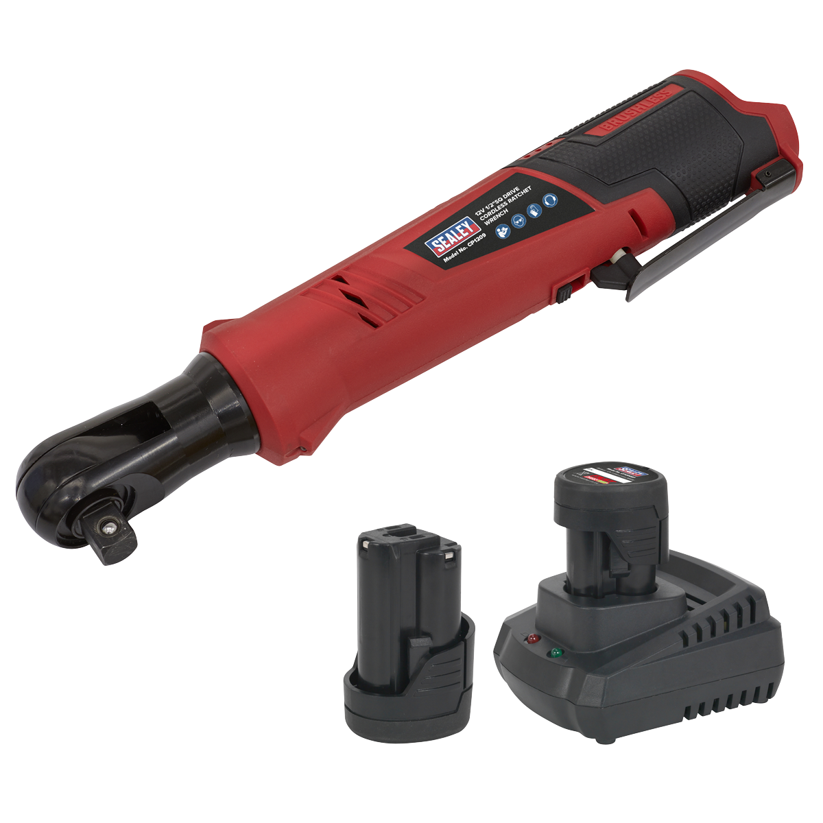 Sealey Cordless Ratchet Wrench Kit, model CP1209KIT, featuring a 1/2" square drive and a 12V SV12 Series system, displayed in red with a black handle. The compact design is showcased alongside the included charging station and an additional lithium-ion battery.