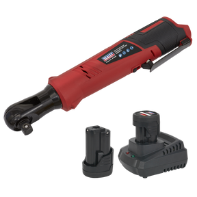 Sealey Cordless Ratchet Wrench Kit, model CP1209KIT, featuring a 1/2" square drive and a 12V SV12 Series system, displayed in red with a black handle. The compact design is showcased alongside the included charging station and an additional lithium-ion battery.