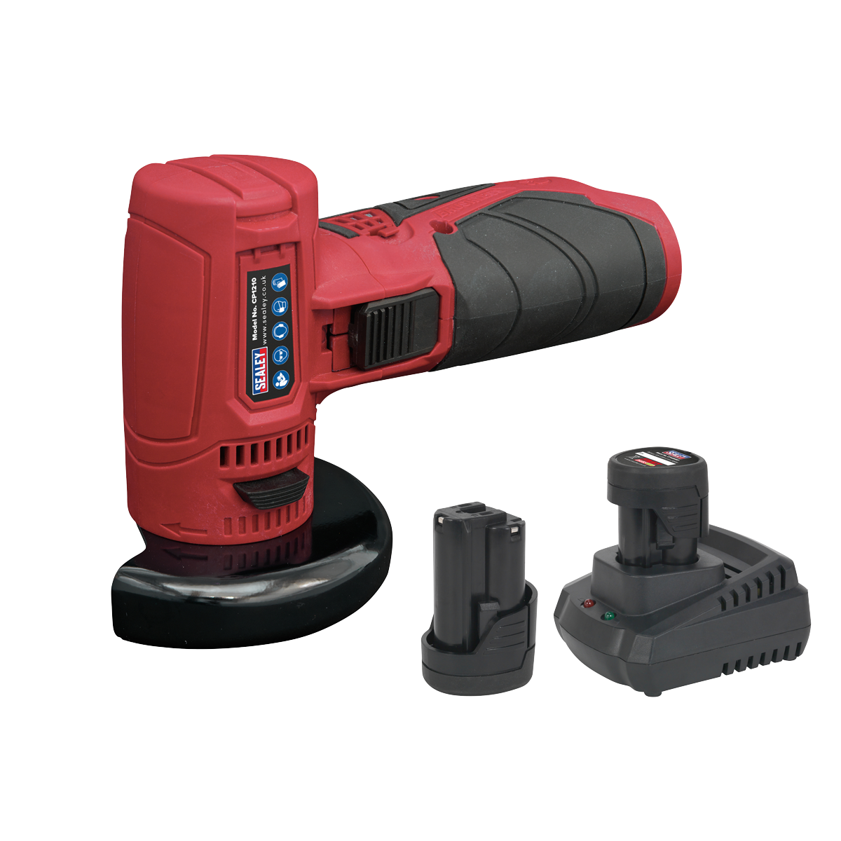 A red and black cordless power tool set featuring the Sealey Angle Grinder Kit Ø75mm 12V SV12 Series (CP1210KIT), which includes a cordless mini angle grinder, two lithium-ion batteries, and a charging dock.