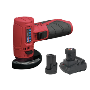 A red and black cordless power tool set featuring the Sealey Angle Grinder Kit Ø75mm 12V SV12 Series (CP1210KIT), which includes a cordless mini angle grinder, two lithium-ion batteries, and a charging dock.