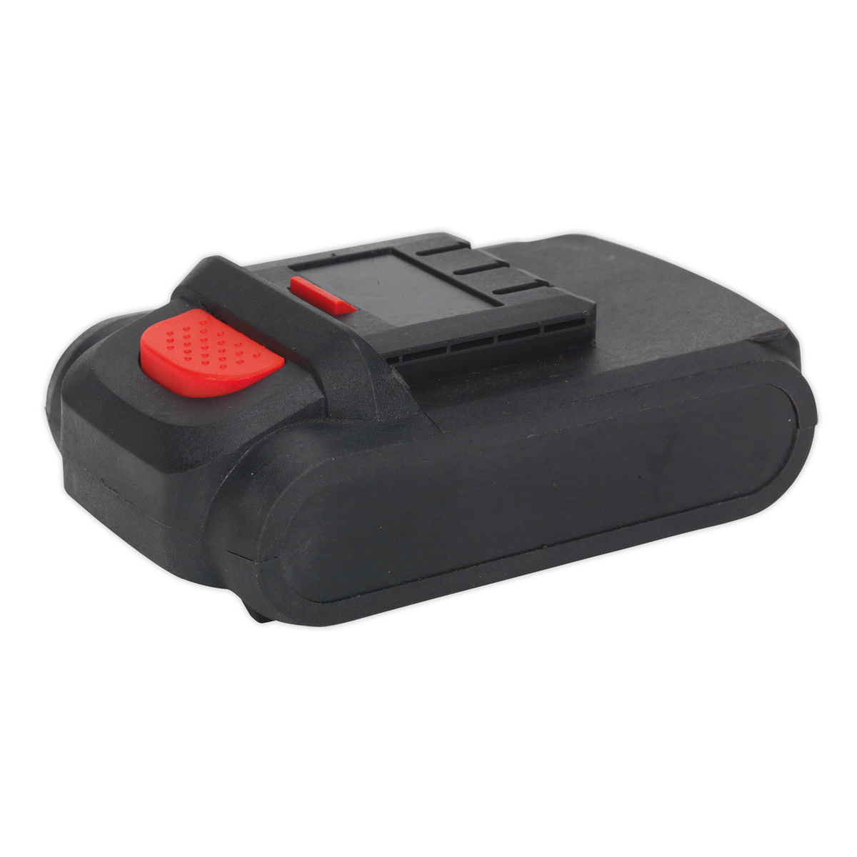 The Sealey Power Tool Battery 18V 1.5Ah Lithium-ion for CP18VLD - CP18VLDBP is a black rectangular rechargeable battery pack with a red button and black connector, ideal for your 18V cordless drill.