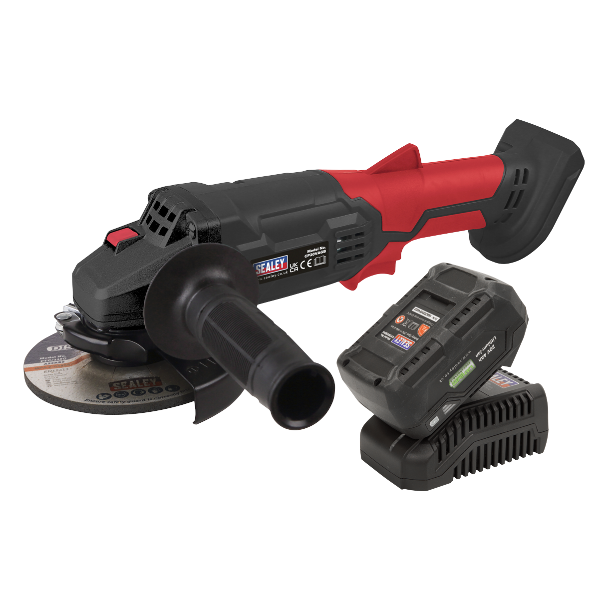 A Sealey Cordless Angle Grinder Kit Ø115mm 20V 4Ah SV20 Series - CP20VAGBKIT1, featuring a detachable handle, battery, and charger set, displayed on a white background.