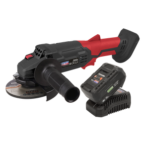 A Sealey Cordless Angle Grinder Kit Ø115mm 20V 4Ah SV20 Series - CP20VAGBKIT1, featuring a detachable handle, battery, and charger set, displayed on a white background.