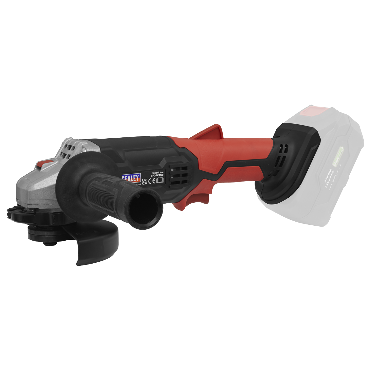 The Sealey Cordless Angle Grinder Ø115mm 20V SV20 Series - Body Only (CP20VAGB) boasts an ergonomic design with a red and black handle, side grip, and metal grinding disc. It is equipped with a heavy-duty bevel gear and comes without the battery attached.