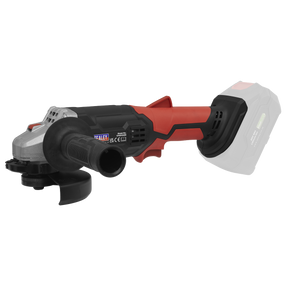 The Sealey Cordless Angle Grinder Ø115mm 20V SV20 Series - Body Only (CP20VAGB) boasts an ergonomic design with a red and black handle, side grip, and metal grinding disc. It is equipped with a heavy-duty bevel gear and comes without the battery attached.
