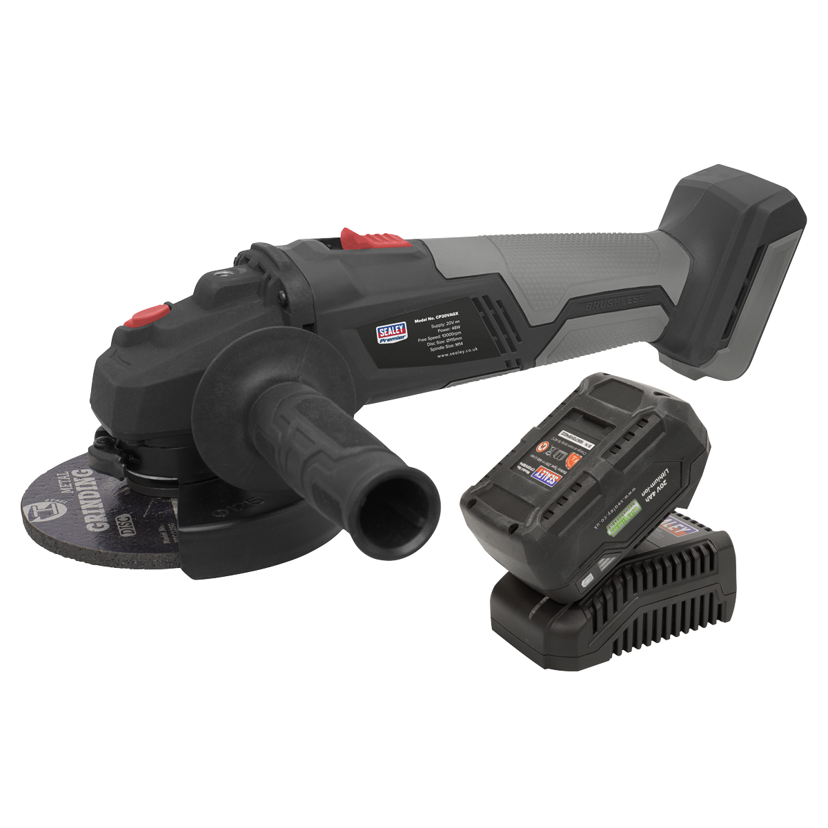 The Sealey Brushless Angle Grinder Kit Ø115mm 20V 4Ah SV20 Series - CP20VAGXKIT1 is a cordless tool featuring a detachable Power Tool Battery and charger. Its sleek black and gray design includes a side handle for additional grip.