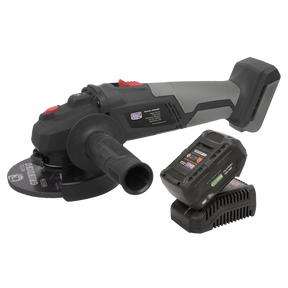 The Sealey Brushless Angle Grinder Kit Ø115mm 20V 4Ah SV20 Series - CP20VAGXKIT1 is a cordless tool featuring a detachable Power Tool Battery and charger. Its sleek black and gray design includes a side handle for additional grip.