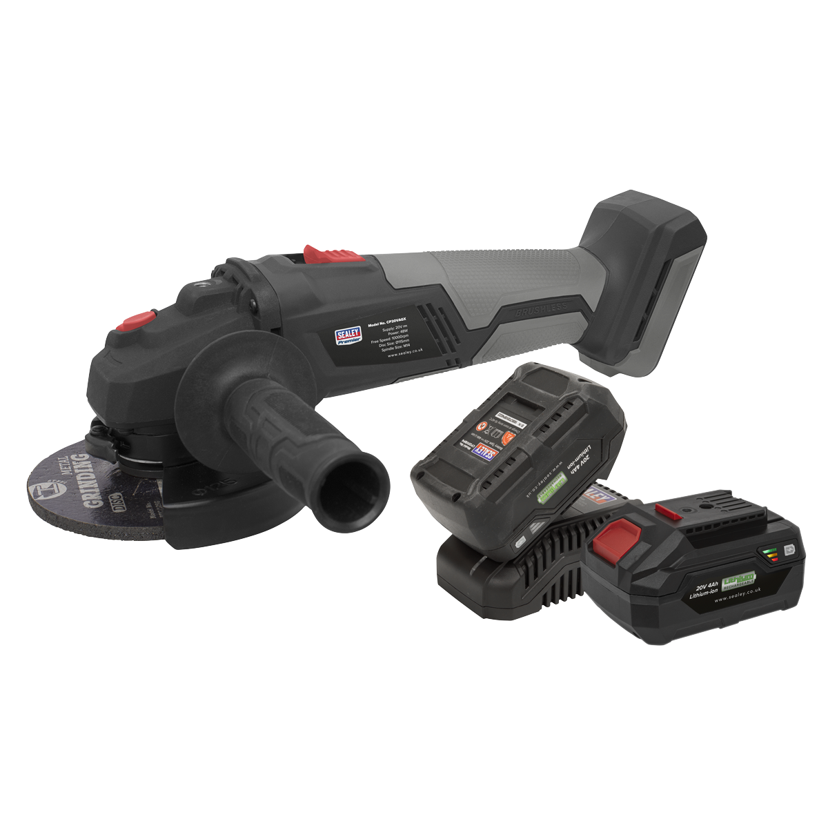 The Brushless Angle Grinder Kit 20V SV20 Series (CP20VAGXKIT) from Sealey includes a handle, two 20V Lithium-ion rechargeable batteries, and a battery charger.