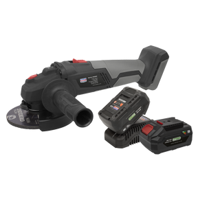 The Brushless Angle Grinder Kit 20V SV20 Series (CP20VAGXKIT) from Sealey includes a handle, two 20V Lithium-ion rechargeable batteries, and a battery charger.
