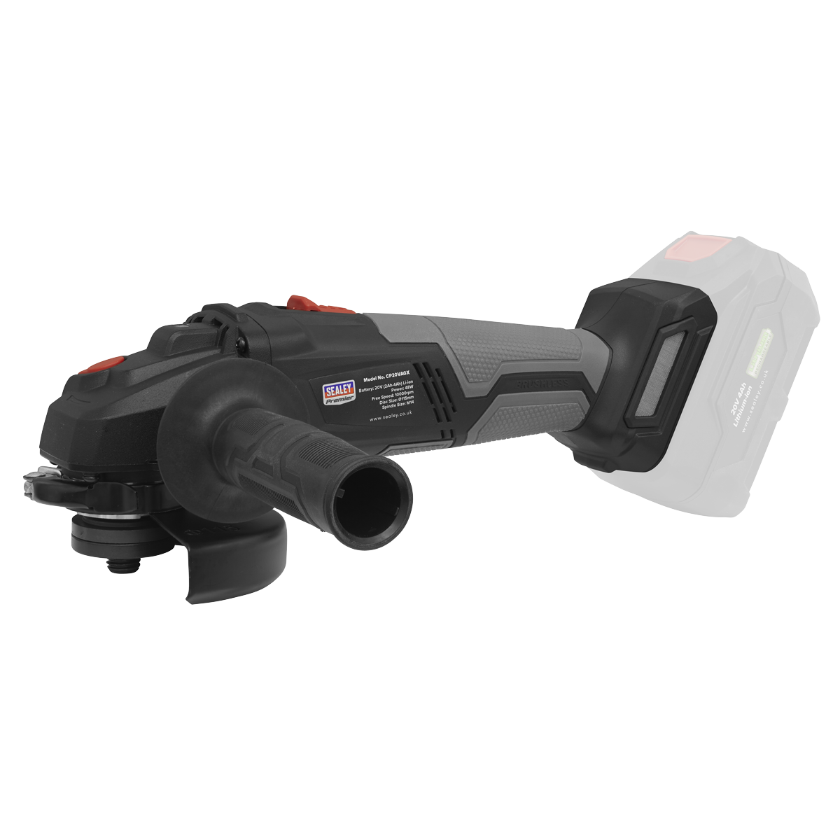 The Sealey Brushless Angle Grinder Ø115mm 20V SV20 Series - Body Only (CP20VAGX) is a cordless tool that features an ergonomic design with a black handle and a gray body, and is shown without the battery.