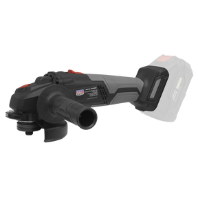 The Sealey Brushless Angle Grinder Ø115mm 20V SV20 Series - Body Only (CP20VAGX) is a cordless tool that features an ergonomic design with a black handle and a gray body, and is shown without the battery.