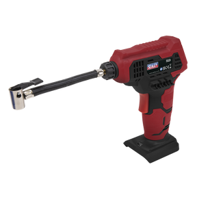 The Sealey Cordless Tyre Inflator 20V SV20 Series (CP20VAP) is a red and black device with a flexible hose, a digital LED display, and an automatic cut-out function.