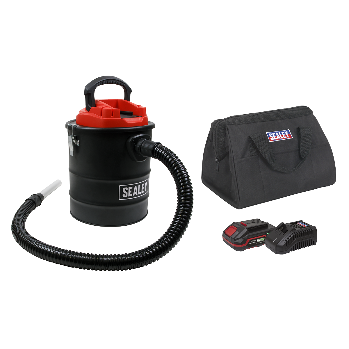 The Sealey Handheld Ash Vacuum Cleaner 15L Kit 20V 2Ah SV20 Series - CP20VAVKIT1 features a black body with a red lid, a flexible hose, and a black carrying bag. It includes two lithium-ion battery packs and a charger for efficient cleaning.