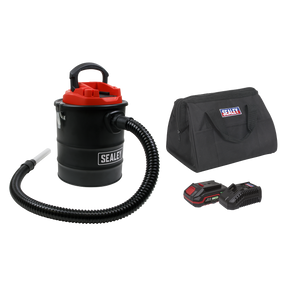 The Sealey Handheld Ash Vacuum Cleaner 15L Kit 20V 2Ah SV20 Series - CP20VAVKIT1 features a black body with a red lid, a flexible hose, and a black carrying bag. It includes two lithium-ion battery packs and a charger for efficient cleaning.