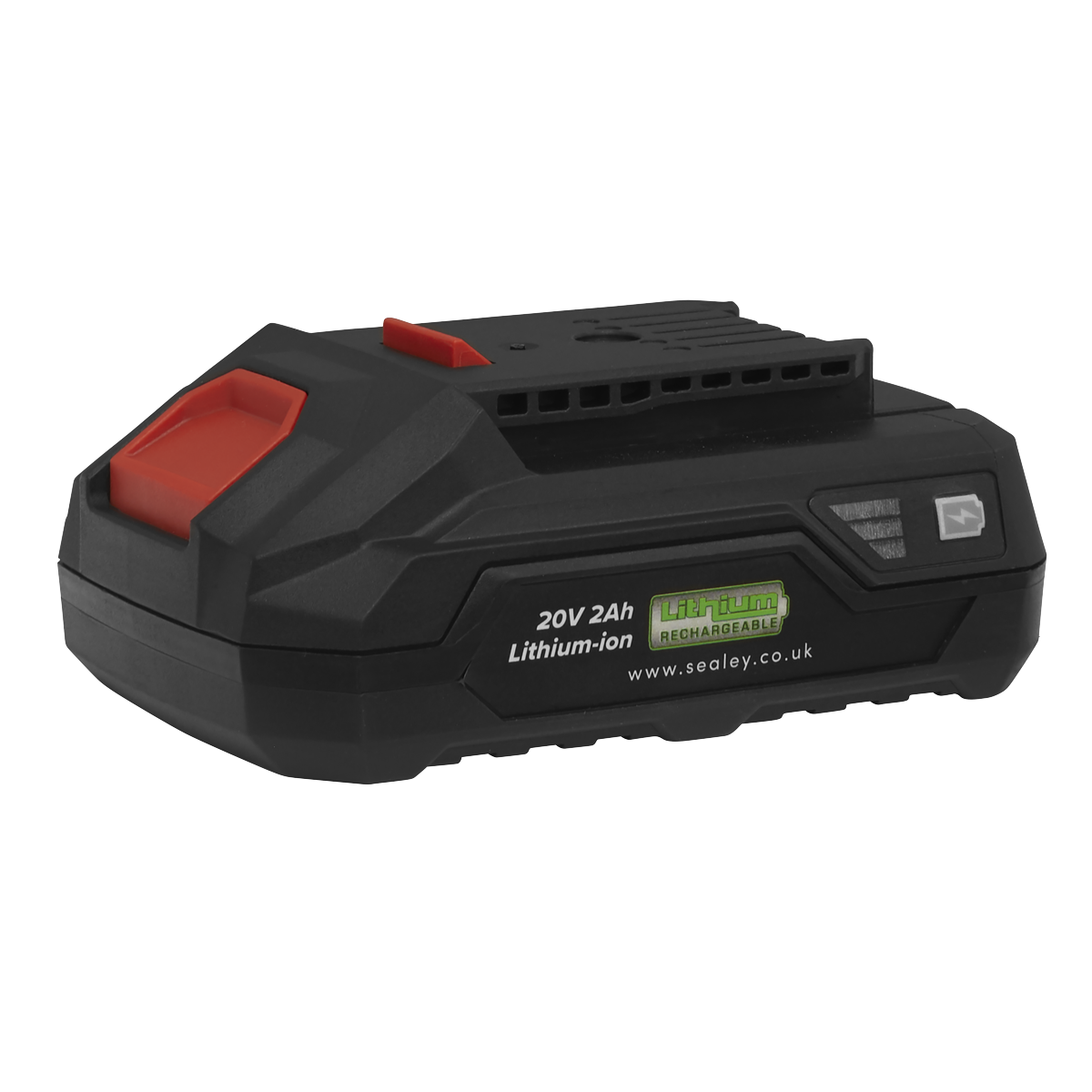 A lithium-ion rechargeable battery with a capacity of 20V 2Ah, featuring an LED battery level indicator. Part of the SV20 Series and branded with "Sealey" on the side, this product is known as the Power Tool Battery 20V 2Ah SV20 Series Lithium-ion - CP20VBP2.