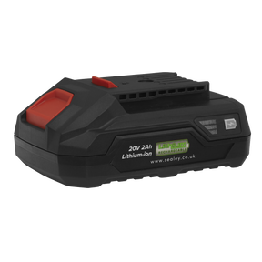 A lithium-ion rechargeable battery with a capacity of 20V 2Ah, featuring an LED battery level indicator. Part of the SV20 Series and branded with "Sealey" on the side, this product is known as the Power Tool Battery 20V 2Ah SV20 Series Lithium-ion - CP20VBP2.