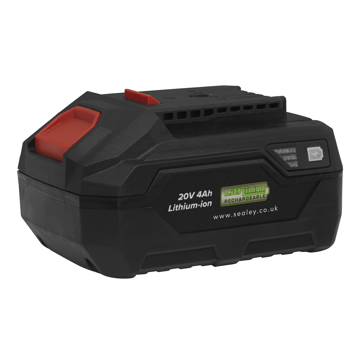 The Sealey Power Tool Battery 20V 4Ah SV20 Series Lithium-ion - CP20VBP4, in black and red, features a green "Lithium Rechargeable" logo on the side and a convenient battery level indicator.