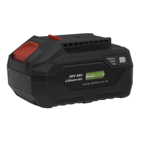 The Sealey Power Tool Battery 20V 4Ah SV20 Series Lithium-ion - CP20VBP4, in black and red, features a green "Lithium Rechargeable" logo on the side and a convenient battery level indicator.