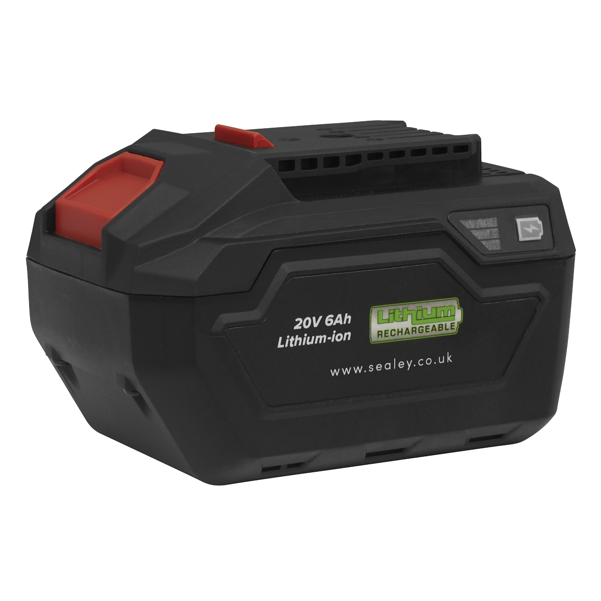 A black Sealey Power Tool Battery 20V 6Ah SV20 Series Lithium-ion - CP20VBP6, featuring a red release button, a product label, and an LED battery level indicator.