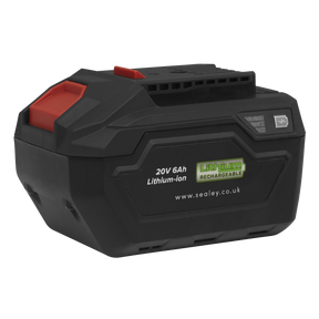 A black Sealey Power Tool Battery 20V 6Ah SV20 Series Lithium-ion - CP20VBP6, featuring a red release button, a product label, and an LED battery level indicator.