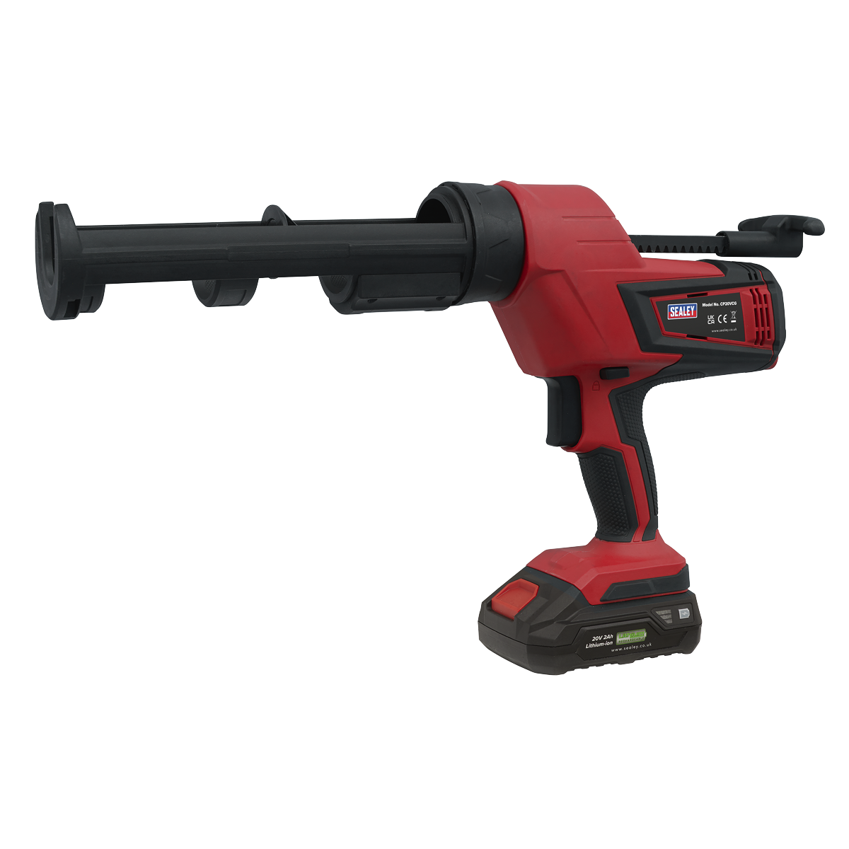 The Sealey Cordless Caulking Gun 310ml 20V SV20 Series - Body Only (CP20VCG) is a sleek red and black tool with a battery pack at the base, featuring a handy trigger for operation and a 6-speed variable setting to suit your needs.