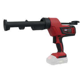 The Sealey Cordless Caulking Gun 310ml 20V SV20 Series - Body Only (model CP20VCG) features an empty cartridge holder, ergonomic handle, and a 6-speed variable setting for precise control, available in red and black.