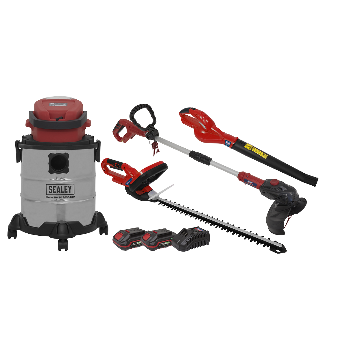 Introducing the Sealey 4 x 20V SV20 Series Cordless Garden Power Tool Combo Kit - CP20VCOMBO3, which includes a versatile selection of tools such as a 20V cordless wet and dry vacuum, hedge trimmer, leaf blower, and essential accessories like Lithium-ion power tool batteries and chargers.