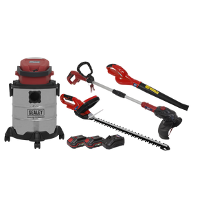 Introducing the Sealey 4 x 20V SV20 Series Cordless Garden Power Tool Combo Kit - CP20VCOMBO3, which includes a versatile selection of tools such as a 20V cordless wet and dry vacuum, hedge trimmer, leaf blower, and essential accessories like Lithium-ion power tool batteries and chargers.